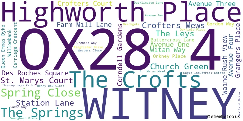 A word cloud for the OX28 4 postcode